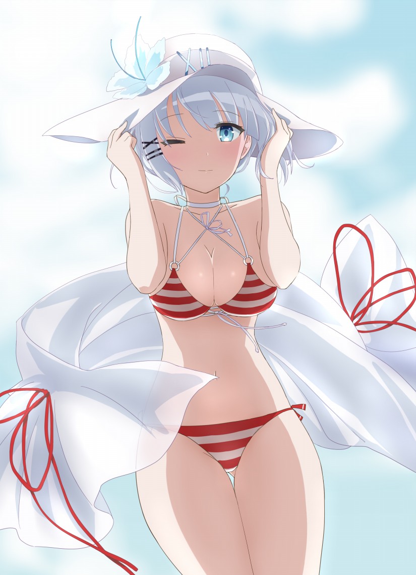 1girl bikini blush breasts cleavage closed_mouth collarbone flower_hat front-tie_bikini_top front-tie_top hair_ornament hat holding komatsu_(sakanae) large_breasts looking_at_viewer navel official_alternate_costume one_eye_closed side-tie_bikini_bottom siesta_(tantei_wa_mou_shindeiru) smile solo stomach striped_bikini striped_clothes sun_hat swimsuit tantei_wa_mou_shindeiru white_hair