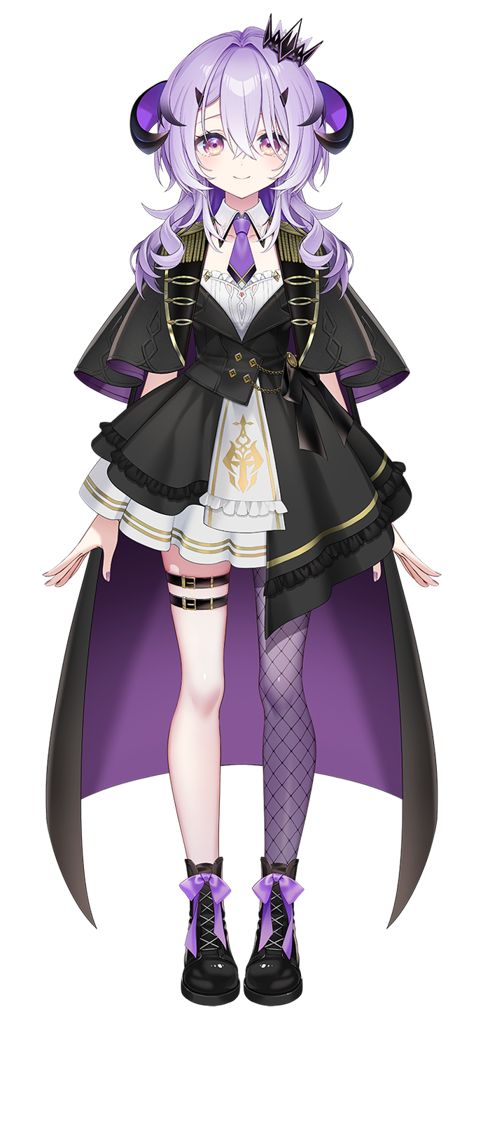 1girl anon_remu black_dress black_shoes closed_mouth collar crown detached_collar dress full_body hair_between_eyes highres horns looking_at_viewer memeno mini_crown multicolored_dress nail_polish necktie official_art pantyhose purple_eyes purple_hair purple_nails purple_necktie purple_pantyhose shoes simple_background single_fishnet_legwear single_leg_pantyhose smile solo standing tachi-e transparent_background varium virtual_youtuber white_collar white_dress