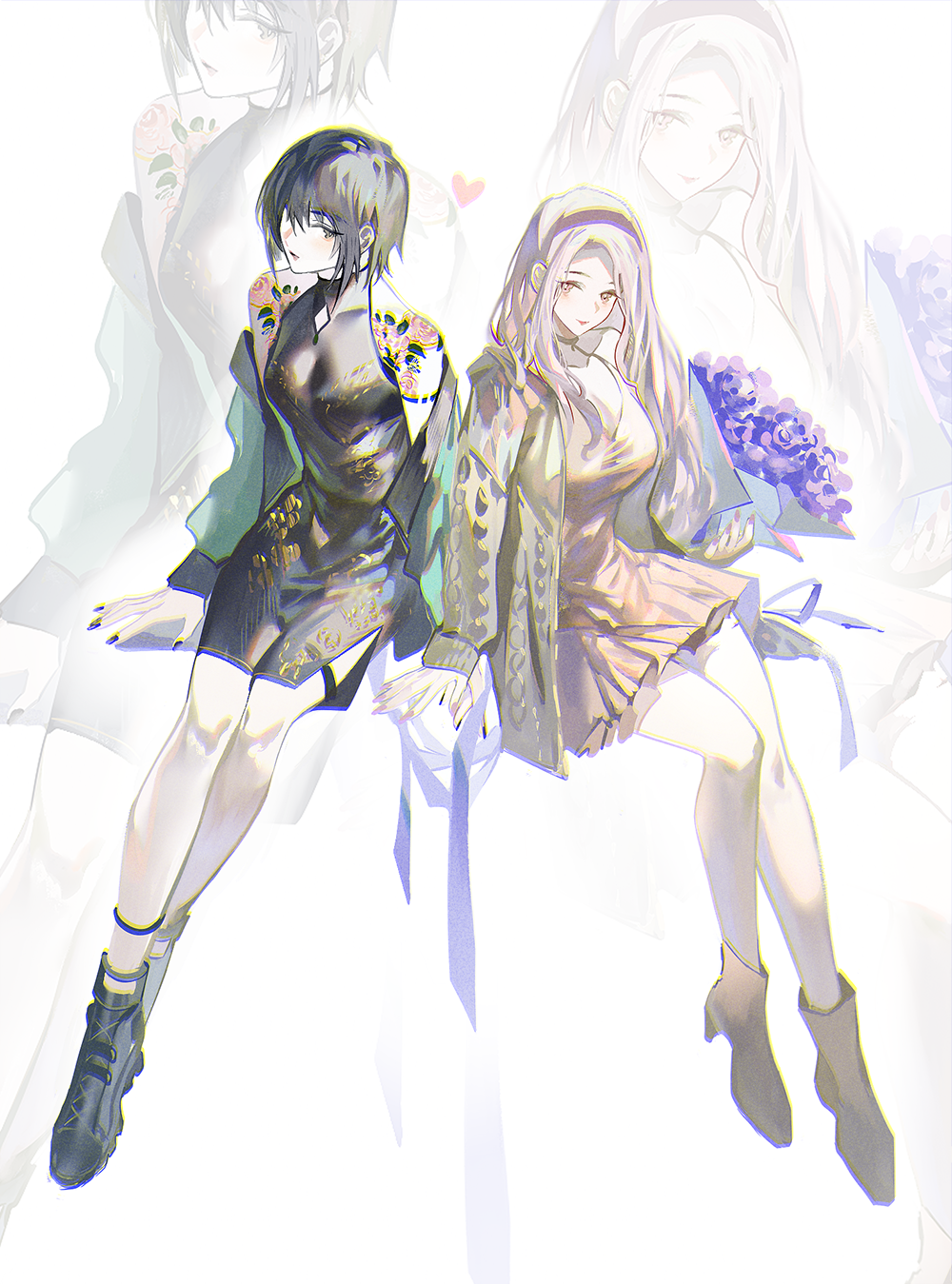 2girls ankle_boots black_dress black_hair black_nails boots bouquet breasts cleavage closed_mouth dress earrings flower full_body hairband heart high_heels highres holding holding_bouquet invisible_chair jacket jewelry large_breasts long_hair long_sleeves looking_at_viewer multiple_girls nail_polish off_shoulder open_clothes open_jacket original purple_flower short_dress short_hair simple_background sitting skirt sleeveless sleeveless_dress smile white_background yellow_eyes yinzinmiemie yuri zoom_layer