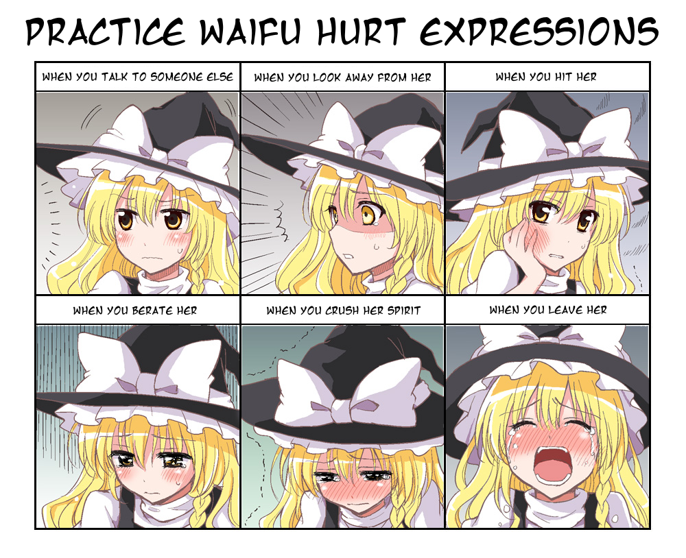 1girl abuse blonde_hair blush braid chart closed_eyes commentary crying expression_chart multiple_expressions female_focus hard-translated hat kirisame_marisa nervous open_mouth photoshop_(medium) sad sakurai_makoto sakurai_makoto_(custom_size) shaded_face sweatdrop tears third-party_edit touhou translated trembling wavy_mouth witch witch_hat yellow_eyes