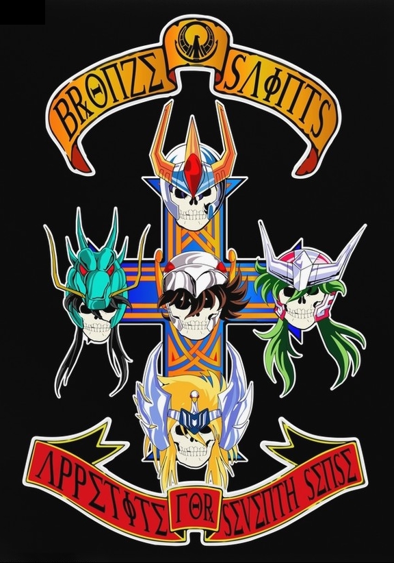 5boys andromeda_shun appetite_for_destruction_(album) black_hair blonde_hair brown_hair cygnus_hyouga dragon_shiryuu green_hair guns_n&#039;_roses helmet long_hair multiple_boys parody pegasus_seiya phoenix_ikki saint_seiya skull