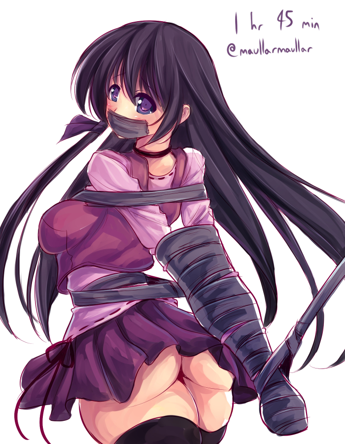 00s 1girl armbinder arms_behind_back ass bdsm black_hair black_thighhighs blush bondage bondage_mittens bound completion_time female_focus gag gagged improvised_gag long_hair maullarmaullar purple_eyes shihou_matsuri skirt sola solo tape tape_bondage tape_gag taped_hands thighhighs