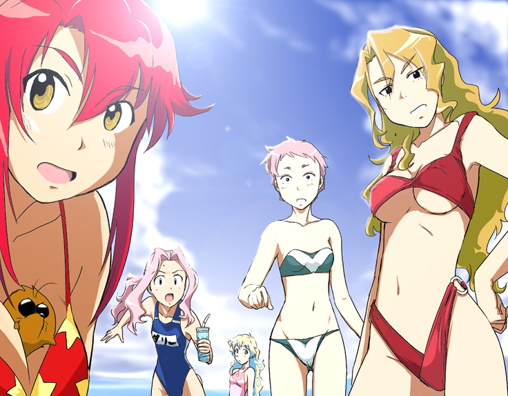 00s 5girls animal animal_between_breasts beach between_breasts bikini blonde_hair boota_(ttgl) breasts cloud competition_swimsuit cybela_kuto darry_adai day highleg highleg_bikini leite_jokin long_hair medium_breasts multiple_girls nia_teppelin one-piece_swimsuit open_mouth outdoors pink_hair ponytail red_hair short_hair sky swimsuit takaya_n tengen_toppa_gurren_lagann underboob yellow_eyes yoko_littner