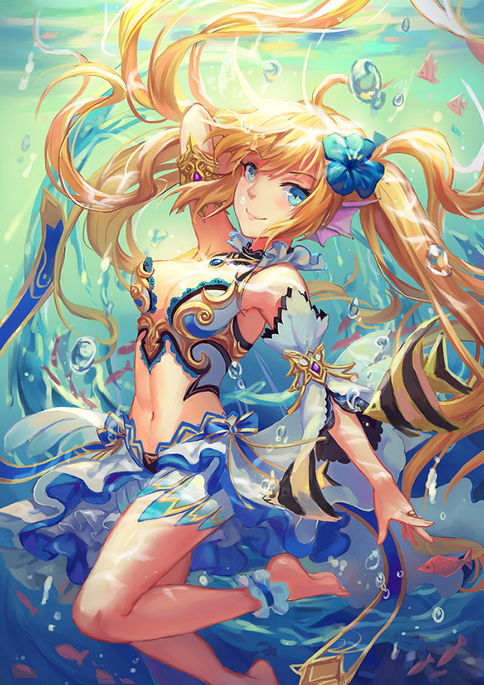 1girl afloat ankle_garter arm_behind_head armlet atdan bad_id bad_pixiv_id bare_shoulders barefoot blonde_hair blue_eyes breasts cleavage detached_sleeves female_focus fins floating floating_hair flower gradient_background hair_flower hair_ornament head_fins jewelry land_of_caromag long_hair looking_at_viewer midriff official_art original outstretched_arm smile solo submerged twintails underwater water