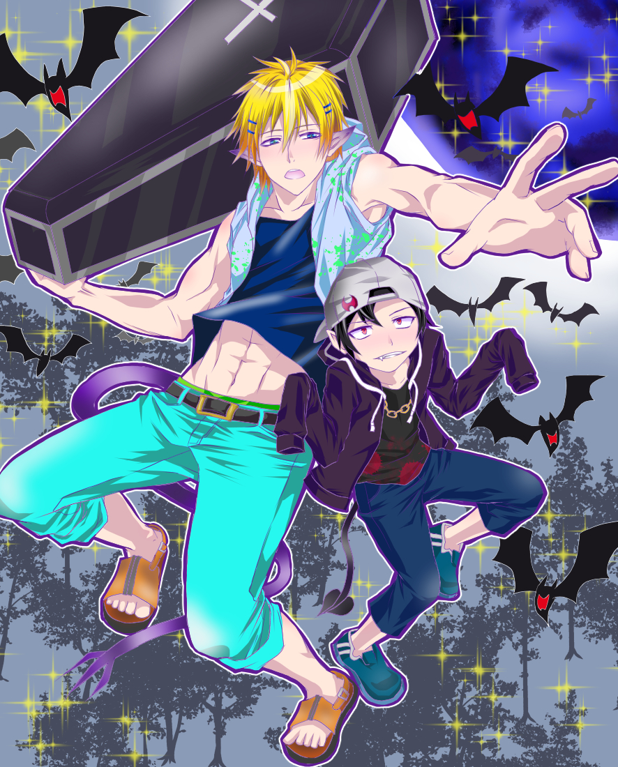 2boys baseball_cap bat_(animal) black_hair black_jacket blonde_hair blue_eyes blue_shirt brown_sandals demon_tail fang hair_ornament hat holding_coffin jacket male_focus midriff multiple_boys old_child pointy_ears red_eyes ryu_(ks0709) sandals sendagaya_tetsu servamp shirt short_hair sleeveless tail toned toned_male white_jacket