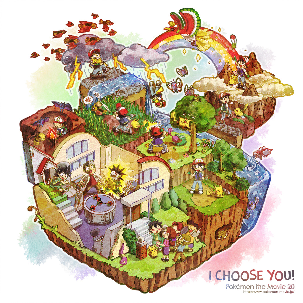 1girl 5boys anger_vein ash_ketchum butterfree caterpie cloud coat commentary_request copyright_name delia_ketchum diorama ekans electrocution fingerless_gloves fire gen_1_pokemon gen_2_pokemon gloves grass green_bag green_gloves ho-oh imomushi_(pixiv_9001433) lab_coat laughing legendary_pokemon multiple_boys multiple_views nintendo pajamas pikachu pointing pointing_up pokemon pokemon_(anime) pokemon_(creature) pokemon_the_movie:_i_choose_you! poliwag rainbow rainbow_feather_(pokemon) rattata red_hair red_shirt rock professor_oak sandshrew shirt spearow spoken_anger_vein stairs storm throwing throwing_rock tree watermark web_address white_coat zubat