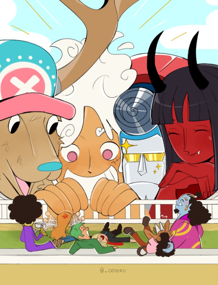 2girls 6+boys ^_^ afro alternate_form anger_vein antlers black_hair blue_hair blue_hood blue_skin blunt_bangs boots brook_(one_piece) cesel closed_eyes colored_skin commentary cross demon_girl demonio_fleur fang franky_(one_piece) gear_fifth giant green_hair green_kimono hana_hana_no_mi hat head_rest heart heart-shaped_pupils horns japanese_clothes jinbe_(one_piece) kimono long_hair lying monkey_d._luffy multiple_boys multiple_girls nami_(one_piece) nico_robin notice_lines on_back one_piece orange_hair outdoors pink_hat red_skin reindeer_antlers roronoa_zoro sanji_(one_piece) short_hair sitting smile sparkle straw_hat_pirates sunglasses symbol-shaped_pupils tinted_eyewear tony_tony_chopper twitter_username usopp white_hair yellow-tinted_eyewear