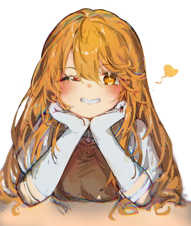1girl ;) blonde_hair brown_sweater_vest commentary elbow_gloves elbow_rest gloves head_rest heart lake_(reikuu_ou) long_hair looking_at_viewer one_eye_closed school_uniform shirt shokuhou_misaki smile solo sparkling_eyes sweater_vest symbol-shaped_pupils toaru_kagaku_no_mental_out toaru_kagaku_no_railgun toaru_majutsu_no_index tokiwadai_school_uniform white_background white_gloves white_shirt yellow_eyes