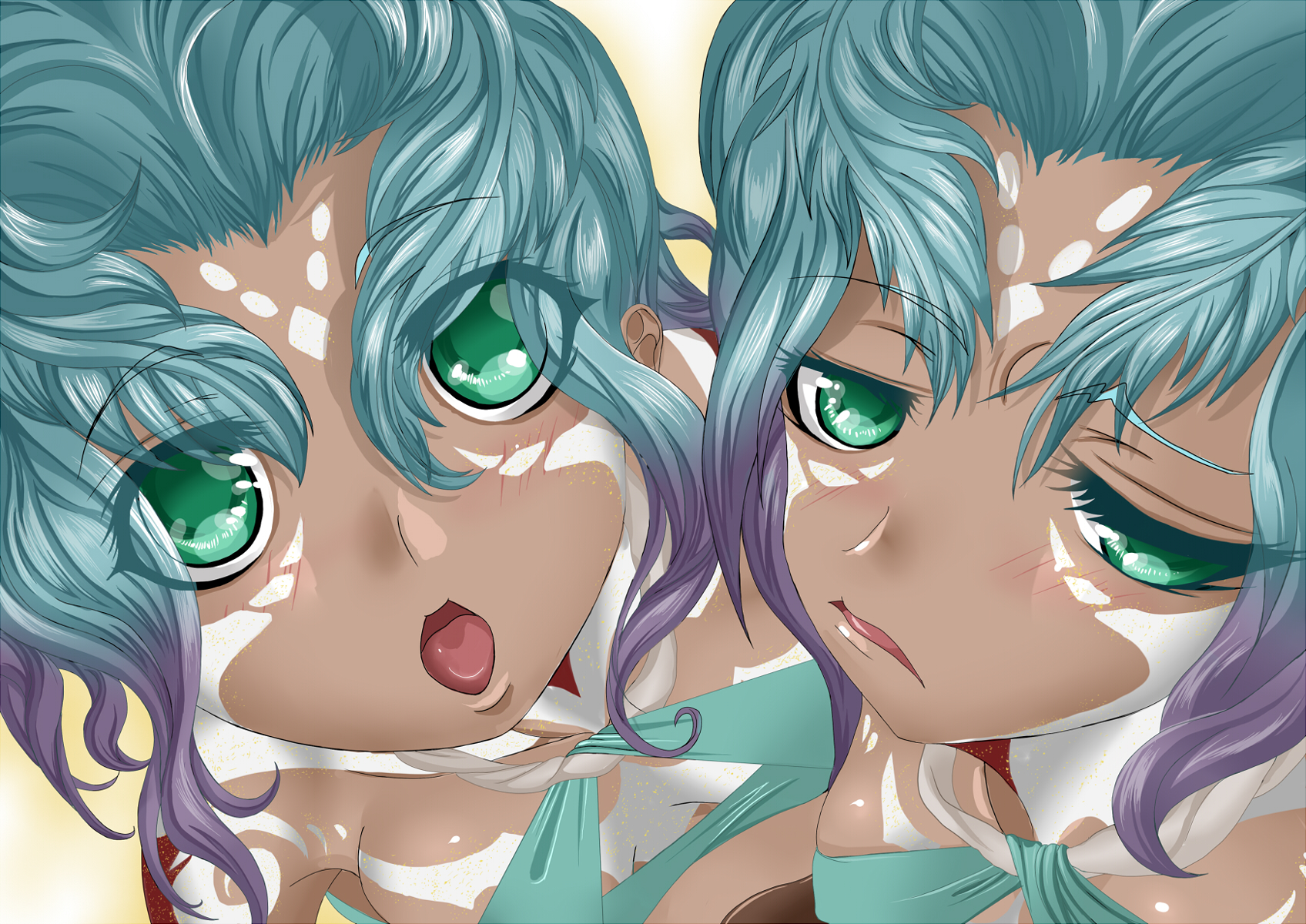 2girls annoyed antenna antennae blush bra breasts dainagiga dark-skinned_female dark_skin excited female_focus godzilla:_city_on_the_edge_of_battle godzilla:_planet_of_the_monsters godzilla:_the_planet_eater godzilla_(series) green_eyes green_hair highres houtua looking_at_viewer maina medium_breasts miana monster_girl multicolored_hair multiple_girls open_clothes polygon_pictures purple_hair shiny_skin short_hair siblings sisters staring tattoo toho tongue tribal tribal_clothes tribal_mark tribal_tattoo twins two-tone_hair underwear wide-eyed