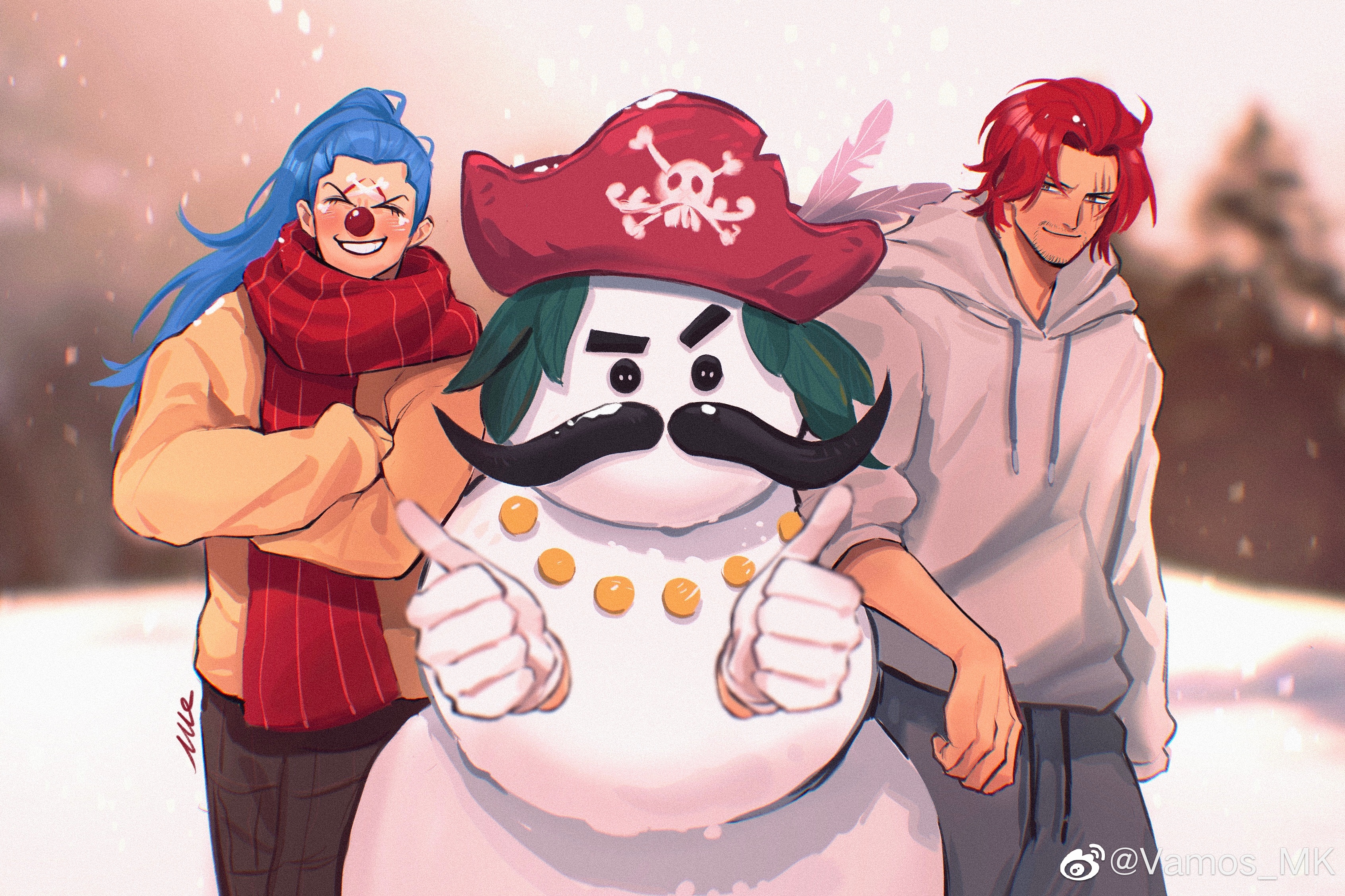 2boys absurdres blue_hair blurry blurry_background buggy_the_clown closed_eyes clown_nose crossed_arms drawstring facepaint facial_hair gol_d._roger grey_hoodie grey_pants grin handlebar_mustache hat highres hood hood_down hoodie male_focus multiple_boys mustache one_piece outdoors pants pirate_hat red_hat red_scarf scar scar_across_eye scar_on_face scarf shanks_(one_piece) smile snowing vamos_mk winter