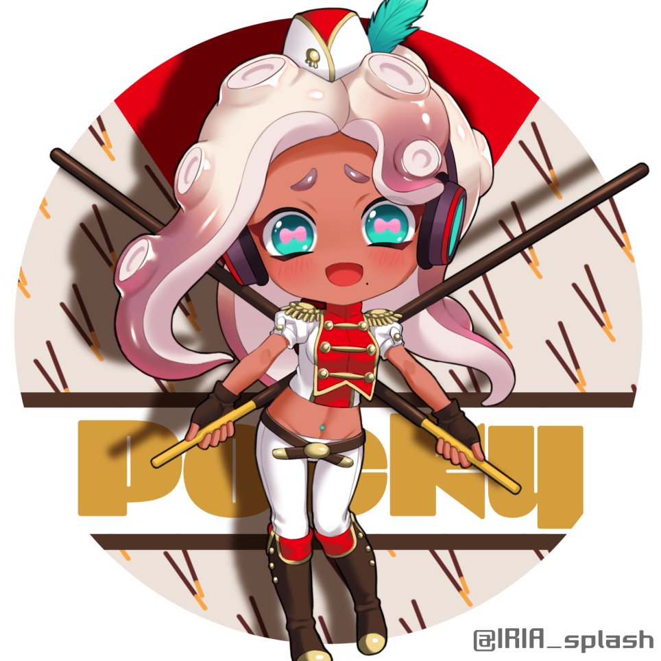 1girl alternate_costume aqua_eyes artist_name band_uniform belt black_gloves blush boots breasts brown_belt brown_boots brown_hair cephalopod_eyes chibi chibi_only cropped_jacket dark-skinned_female dark_skin epaulettes feather_hair_ornament feathers fingerless_gloves food full_body furrowed_brow garrison_cap gloves gradient_hair groin hair_ornament hat headphones holding holding_food horizontal_pupils iria_(yumeirokingyo) jacket long_hair marina_(splatoon) midriff mole mole_under_mouth multicolored_hair navel_piercing nintendo octoling open_mouth outside_border oversized_food oversized_object pants parted_bangs piercing pink_pupils pocky profile_picture puffy_short_sleeves puffy_sleeves round_eyewear short_sleeves smile solo splatoon_(series) splatoon_2 tentacle_hair two-tone_hair white_hair white_hat white_jacket white_pants