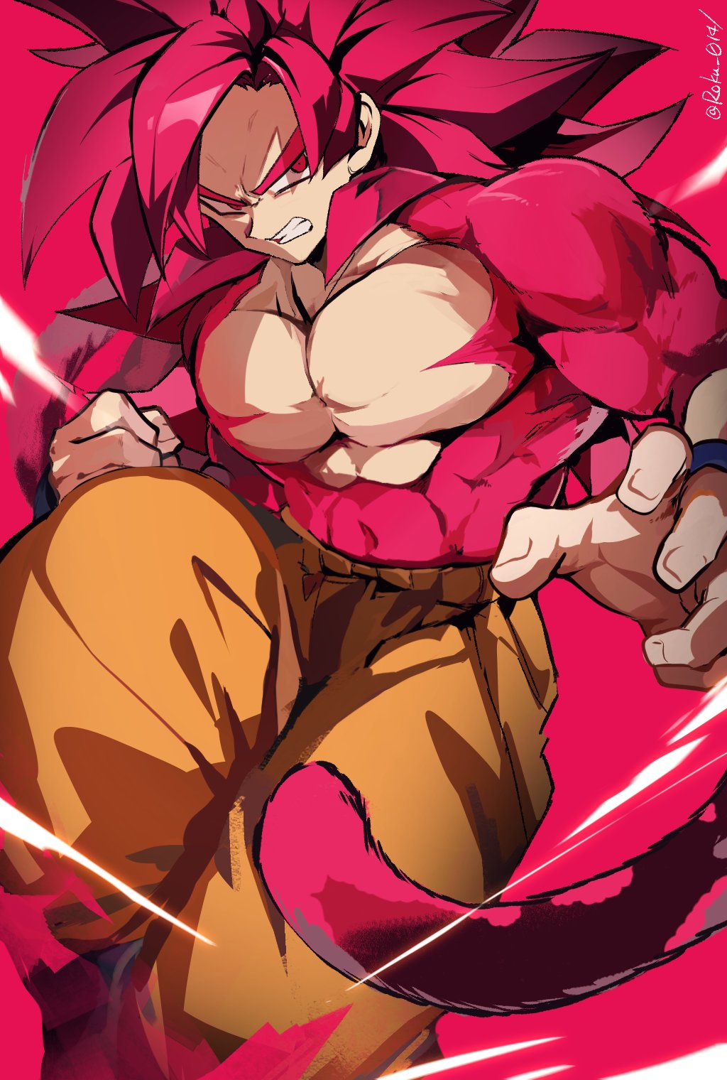 1boy clenched_hand clenched_teeth dragon_ball dragon_ball_daima fighting_stance highres large_pectorals looking_at_viewer male_focus monkey_tail muscular muscular_male orange_pants pants pectorals red_background red_eyes red_fur red_hair roku_(roku_0141) solo son_goku spiked_hair super_saiyan super_saiyan_4 tail teeth topless_male