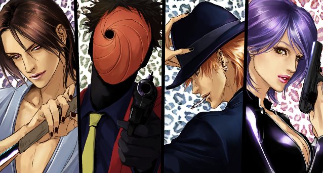 1girl 3boys akatsuki_(naruto) arsene_lupin_iii arsene_lupin_iii_(cosplay) cigarette corpse cosplay ear_piercing face_piercing fedora gun hat ishikawa_goemon_xiii ishikawa_goemon_xiii_(cosplay) jacket jigen_daisuke jigen_daisuke_(cosplay) jpeg_artifacts konan_(naruto) lily_(artist) lupin_iii mask masked_madara mine_fujiko mine_fujiko_(cosplay) multiple_boys naruto_(series) naruto_shippuuden necktie nose_piercing pain_(naruto) pain_(tendo) piercing purple_hair red_eyes red_jacket rinnegan sword tobi_(naruto) uchiha_itachi uchiha_obito weapon yellow_necktie