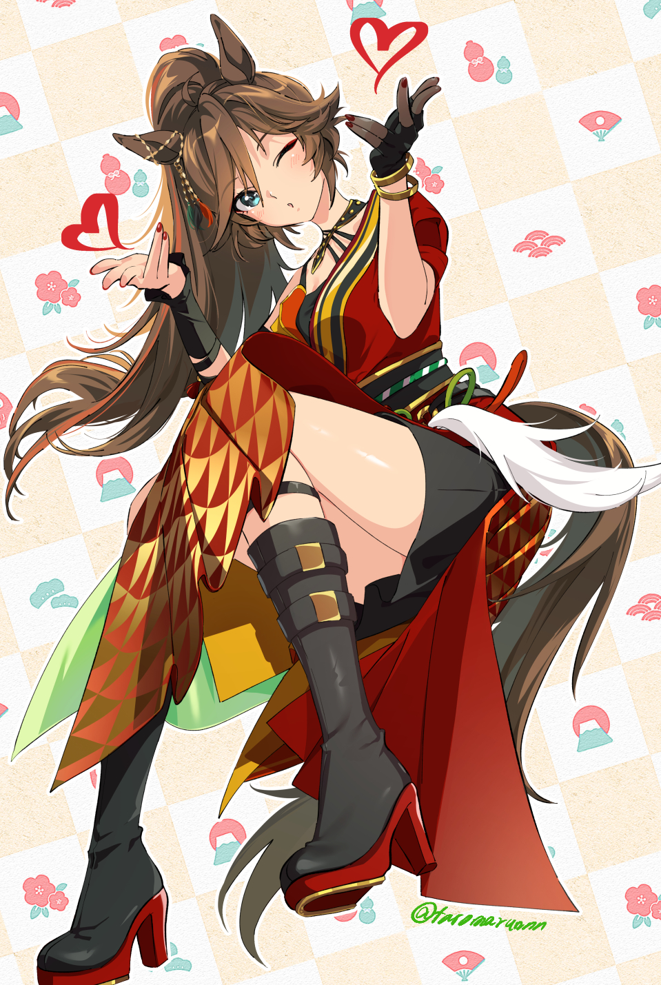 1girl animal_ears aqua_eyes bangle black_boots black_gloves black_skirt blowing_kiss boots bracelet breasts brown_hair checkered_background commentary_request detached_sleeves dress ear_ornament egasumi flower gloves heart high_heel_boots high_heels highres horse_ears horse_girl horse_tail invisible_chair jewelry long_hair looking_at_viewer mr._c.b._(umamusume) nail_polish obi official_alternate_costume official_alternate_hairstyle one_eye_closed ponytail puckered_lips red_dress red_nails sash short_sleeves single_detached_sleeve single_glove sitting skirt small_breasts solo tail taromarun twitter_username umamusume