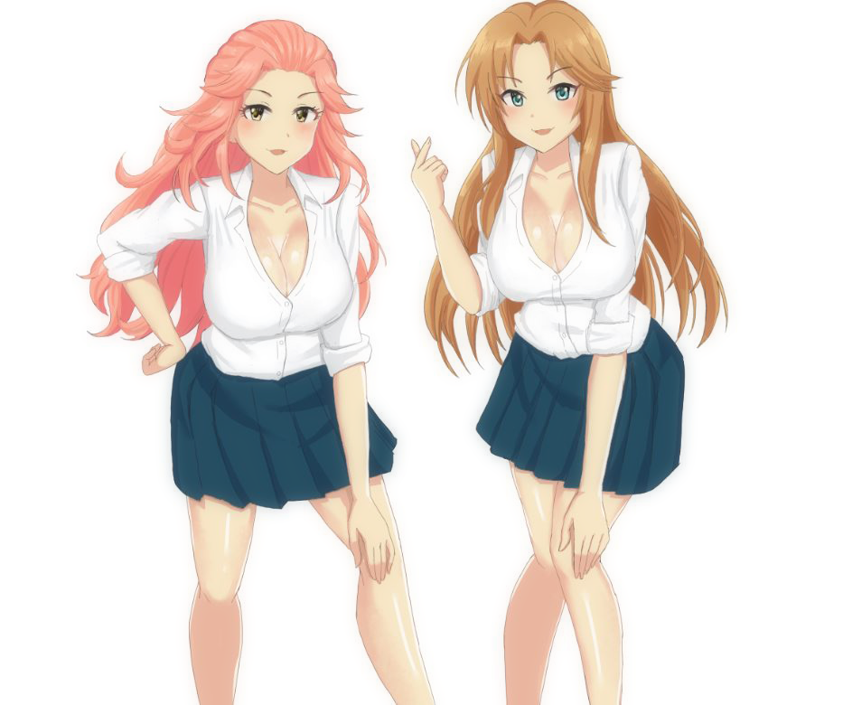 artist_request bare_legs black_skirt blue_eyes blush breasts brown_hair button_shirt buttons cleavage cleavage_cutout clothing_cutout forehead gesture gyaru hamakawa_ayuna idolmaster idolmaster_cinderella_girls large_breasts leaning_forward long_hair matsumoto_sarina medium_hair open_clothes open_shirt pink_hair seductive_smile shirt skirt smile thighs white_background white_shirt yellow_eyes