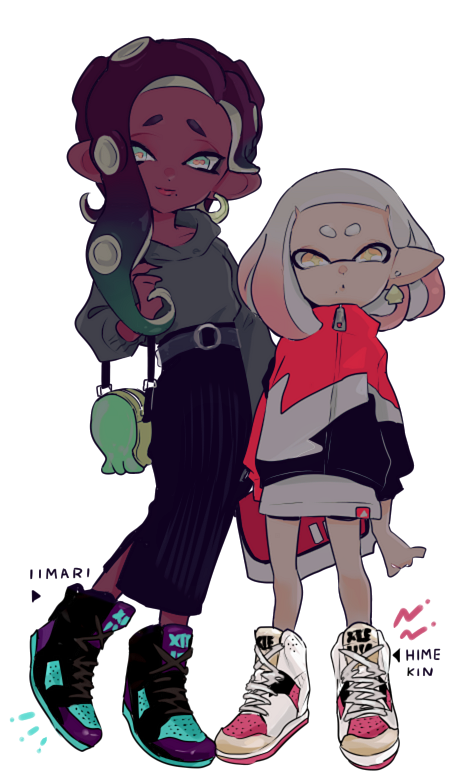 2girls alternate_costume aqua_hair bag black_jacket black_shoes black_skirt blue_eyes blue_shoes brown_hair cephalopod_eyes closed_mouth cross-shaped_pupils dark-skinned_female dark_skin earrings full_body gradient_hair green_hoodie hair_behind_ear high-waist_skirt high_tops hood hood_down hoodie hoop_earrings horizontal_pupils imaikuy0 inkling jacket jewelry long_hair long_skirt long_sleeves looking_at_viewer marina_(splatoon) medium_hair mole mole_under_mouth multicolored_hair multicolored_jacket multicolored_shoes multiple_girls nintendo octoling parted_bangs pearl_(splatoon) pink_hair pink_jacket pink_pupils pink_shoes pointy_ears purple_shoes shoes shoulder_bag side_slit skirt sneakers splatoon_(series) standing symbol-shaped_pupils tentacle_hair transparent_background two-tone_hair white_hair white_jacket white_shoes yellow_eyes zipper_pull_tab