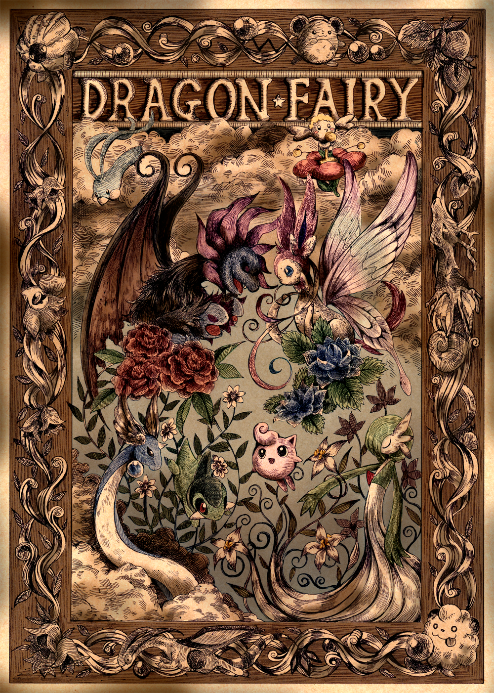 altaria animal_focus axew blue_eyes blue_flower border butterfly_wings closed_eyes cloud crosshatching dragon_wings dragonair faux_traditional_media floette flower flower_request flygon gardevoir gen_1_pokemon gen_2_pokemon gen_3_pokemon gen_5_pokemon gen_6_pokemon hatching_(texture) highres hydreigon insect_wings jigglypuff kingdra marill matsuri_(matsuike) mega_altaria mega_pokemon nintendo no_humans pokemon red_flower shelgon spritzee swirlix sylveon white_flower wings