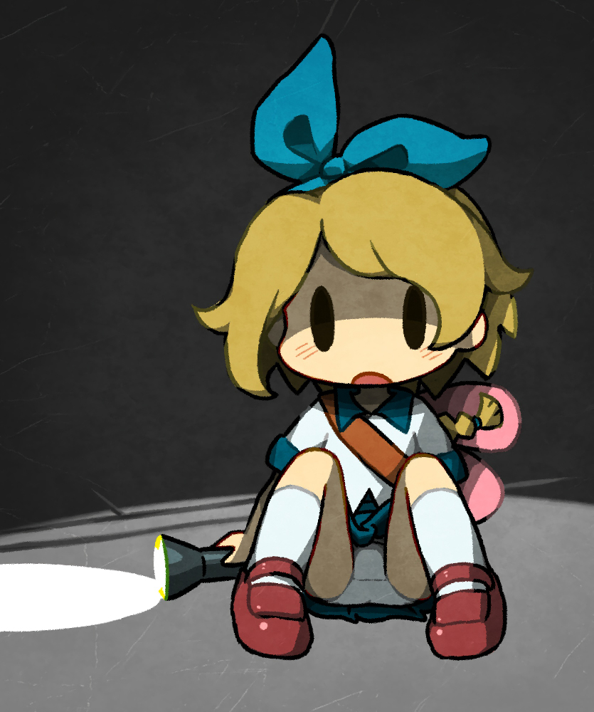 1girl animal_bag bag blue_ribbon blush collared_shirt flashlight full_body hair_ribbon haru_(yomawari) holding holding_flashlight kneehighs light_brown_hair loafers looking_at_viewer m_legs nonke open_mouth panties pantyshot rabbit_bag ribbon shin_yomawari shirt shoes short_hair shoulder_bag sitting skirt socks solo spread_legs t-shirt underwear white_panties yomawari_(series)
