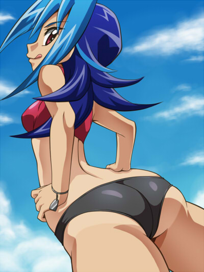 ass awa bikini blue_hair kamishiro_rio looking_back naughty_face red_eyes swimsuit tongue yu-gi-oh! yuu-gi-ou yuu-gi-ou_zexal