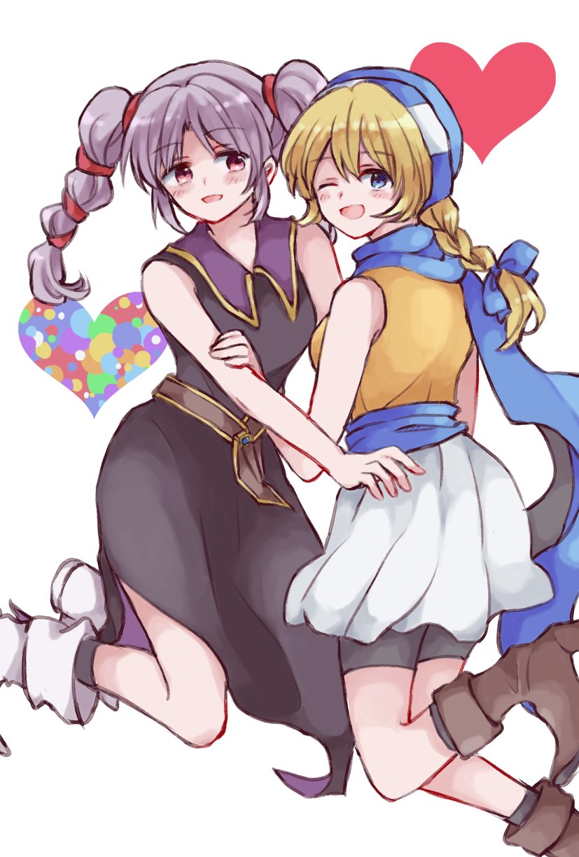 2girls bandana blonde_hair blue_eyes boots fire_emblem fire_emblem:_genealogy_of_the_holy_war highres kitano_373 multiple_girls nintendo one_eye_closed patty_(fire_emblem) ponytail purple_hair red_eyes scarf skirt smile tine_(fire_emblem) twintails