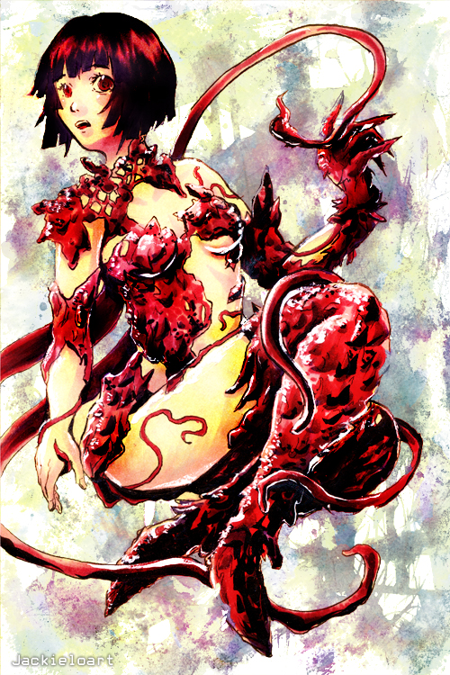 1girl alien black_hair bob_cut breasts claws female_focus gauna gauna_491 jackie_lo looking_at_viewer monster monster_girl placenta_(sidonia_no_kishi) red_eyes short_hair sidonia_no_kishi solo tentacles