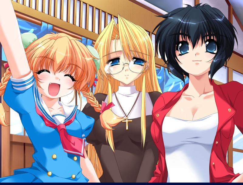3girls black_hair blonde_hair blue_eyes blush cross daikokuya_kyouko downhill_night emily_(pure_dream) closed_eyes fang game_cg kotosato_yuuna multiple_girls nun short_hair top_(company) twintails yano_maria
