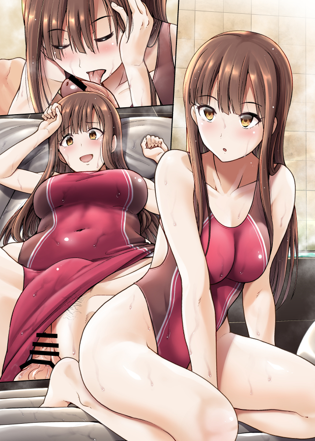 1girl arm_support bar_censor barefoot blush breasts brown_eyes brown_hair censored clothing_aside competition_swimsuit covered_navel fellatio hetero highleg highleg_one-piece_swimsuit idolmaster idolmaster_cinderella_girls long_hair looking_at_viewer looking_back mat_play medium_breasts mizumoto_yukari multiple_views one-piece_swimsuit open_mouth oral penis purple_one-piece_swimsuit pussy seiza sex sitting smile swimsuit swimsuit_aside takemasa tucking_hair vaginal wet
