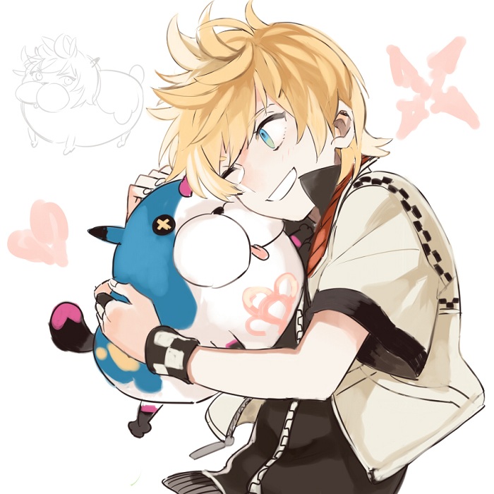 1boy animal animal_hug animalization black_vest blonde_hair blue_eyes buun_ko checkered_clothes cheek_press creature cropped_jacket dream_eater_(kingdom_hearts) grin hands_up heart high_collar holding holding_creature horns jacket kingdom_hearts kingdom_hearts_3d:_dream_drop_distance kingdom_hearts_ii looking_at_another male_focus one_eye_closed open_clothes open_jacket roxas short_hair short_sleeves single_horn smile spiked_hair spoken_heart third-party_source vest white_background white_jacket wondernyan_(kingdom_hearts) wristband