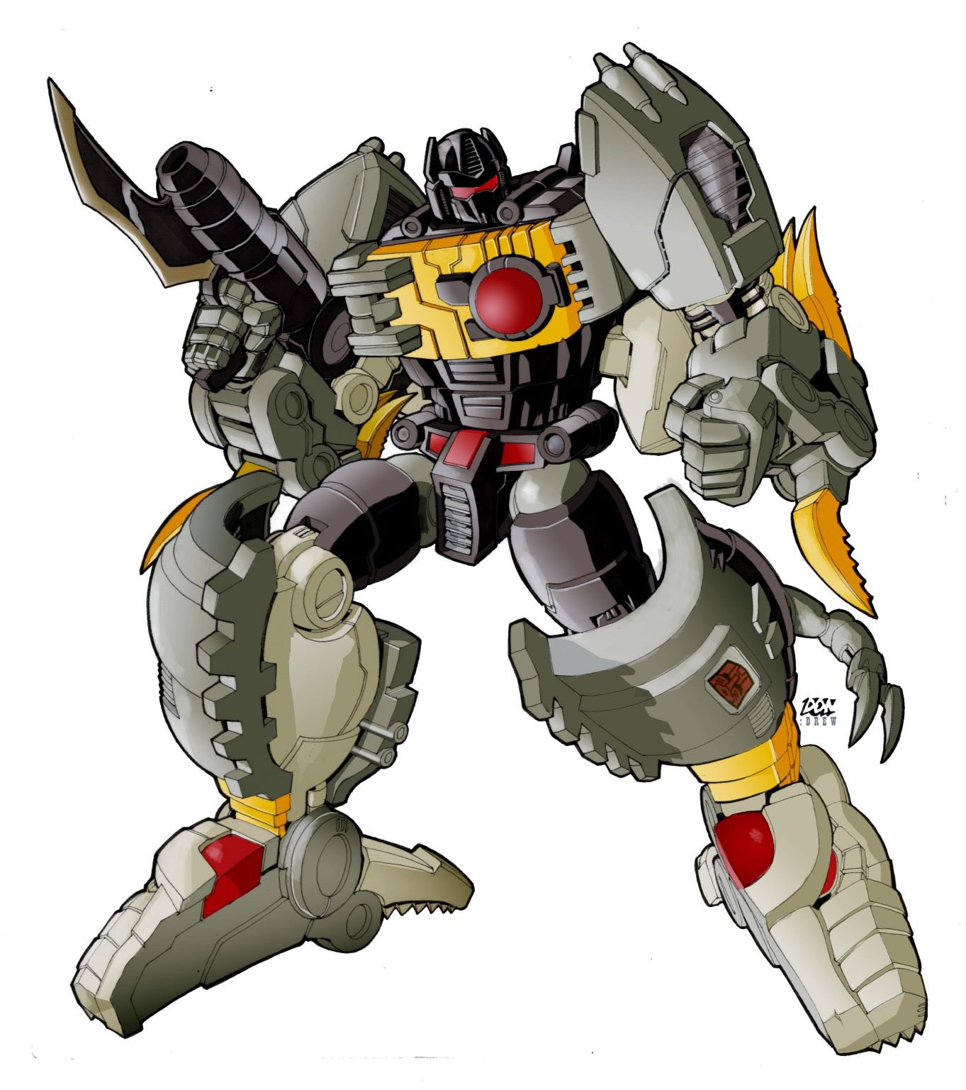 artist_name bayonet clenched_hand commentary don_allan_figueroa english_commentary grimlock gun highres holding holding_gun holding_weapon looking_to_the_side mecha mecha_focus official_art robot solo transformers visor weapon white_background