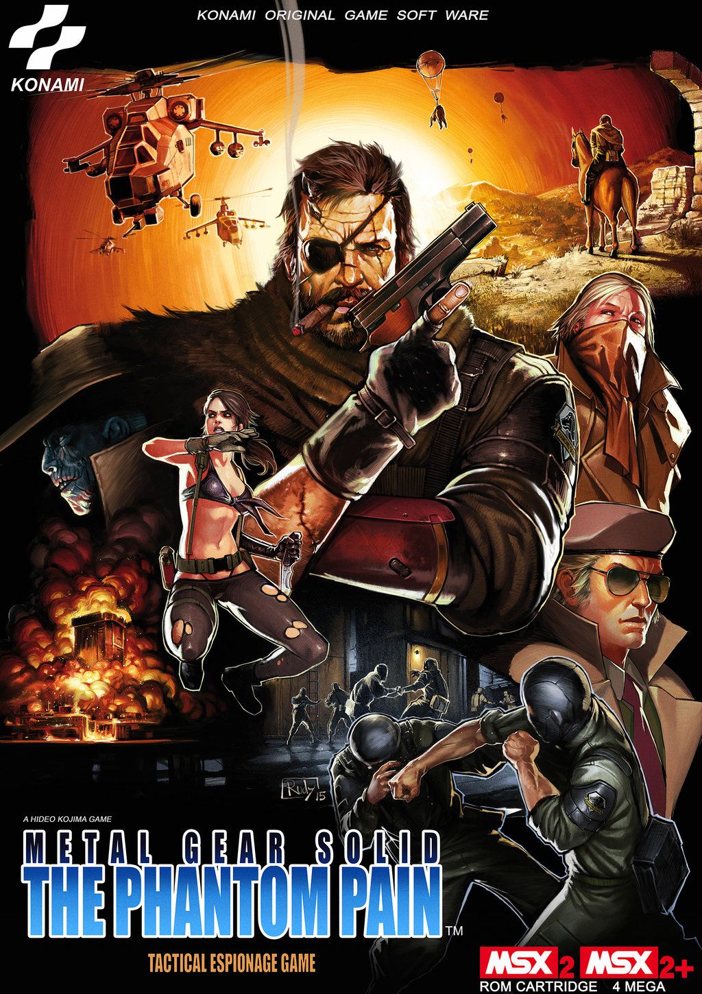 1980s_(style) aircraft aviator_sunglasses beard beret bikini blue_eyes box_art cloak combat_knife commentary cover darkdux english_commentary explosion eyepatch facial_hair fake_box_art fake_cover gloves gun gunship handgun hat helicopter helicopter_gunship highleg highleg_bikini highres horns horse kazuhira_miller knife kojima_hideo konami logo manly metal_gear_(series) metal_gear_solid_v:_the_phantom_pain msx msx2 msx2+ official_art oldschool one-eyed parody partially_fingerless_gloves pistol quiet_(metal_gear) realistic retro_artstyle revolver_ocelot scar scar_across_eye scar_on_face sideburns signature single_horn skull_face soldier style_parody sunglasses swimsuit trigger_discipline venom_snake video_game video_game_cover watermark weapon weapon_request web_address
