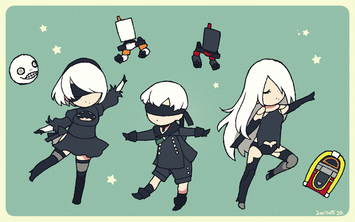 1boy 2b_(nier:automata) 2girls 9s_(nier:automata) a2_(nier:automata) black_blindfold blindfold chibi closed_eyes covered_eyes dress emil_(nier) expressionless full_body jacket jukebox long_hair malt_40 multiple_girls nier:automata nier_(series) pod_(nier:automata) short_hair sketch white_hair