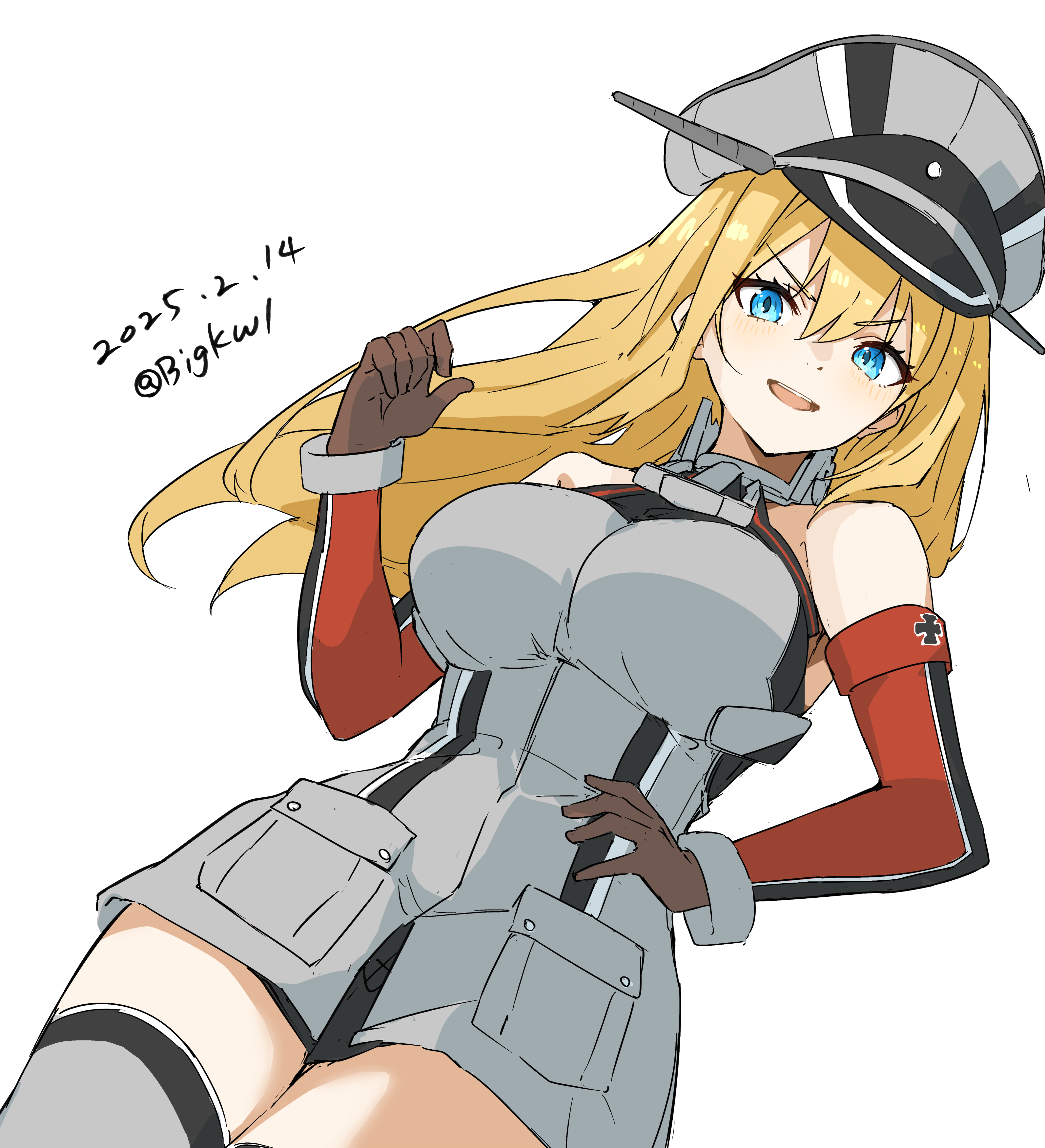 1girl absurdres anchor_choker bigkwl bismarck_(kancolle) blonde_hair blue_eyes breasts brown_gloves dated detached_sleeves front_slit gloves grey_thighhighs hair_between_eyes hat highres kantai_collection large_breasts long_hair looking_at_viewer military_hat military_uniform open_mouth peaked_cap smile solo thighhighs very_long_hair white_background