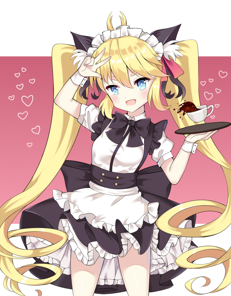 1girl :d andrea_doria_(warship_girls_r) animal_ears apron arm_up black_bow black_skirt blonde_hair blue_eyes blush bow breasts cat_ears collared_shirt commentary_request cup female_focus frilled_apron frills hair_between_eyes head_tilt heart holding holding_tray jiucheng_nainai long_hair maid maid_headdress open_mouth puffy_short_sleeves puffy_sleeves ringlets shirt short_sleeves sidelocks skirt small_breasts smile solo teacup thick_eyebrows tray twintails v v-shaped_eyebrows very_long_hair waist_apron warship_girls_r white_apron white_shirt wrist_cuffs