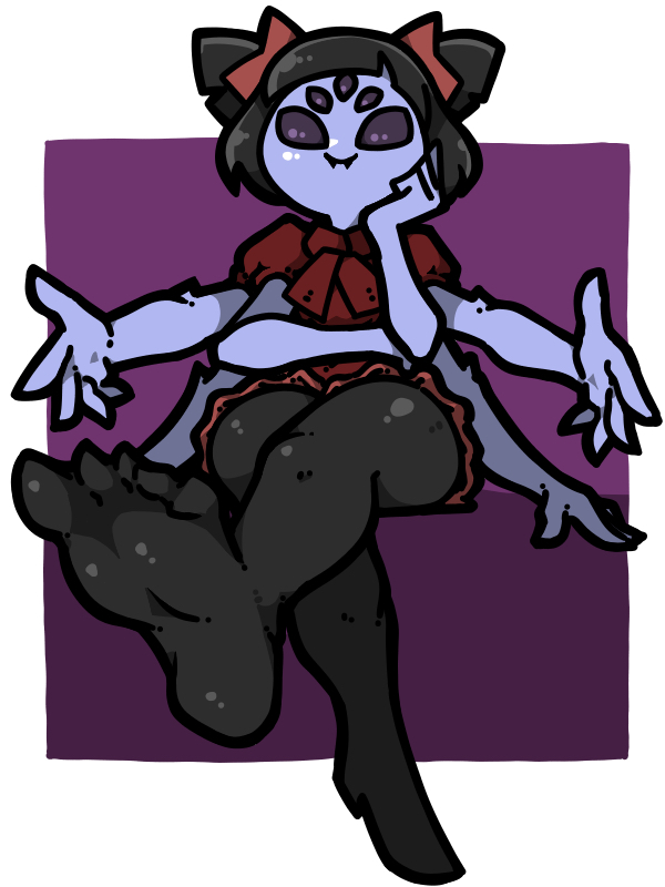1girl arthropod_girl black_hair black_pantyhose blue_skin bow closed_mouth colored_skin extra_arms extra_eyes fangs fangs_out feet full_body hair_bow insect_girl muffet name_omoitukan2 pantyhose puffy_short_sleeves puffy_sleeves purple_eyes red_bow short_hair short_sleeves sitting smile solid_eyes solo spider_girl two_side_up undertale