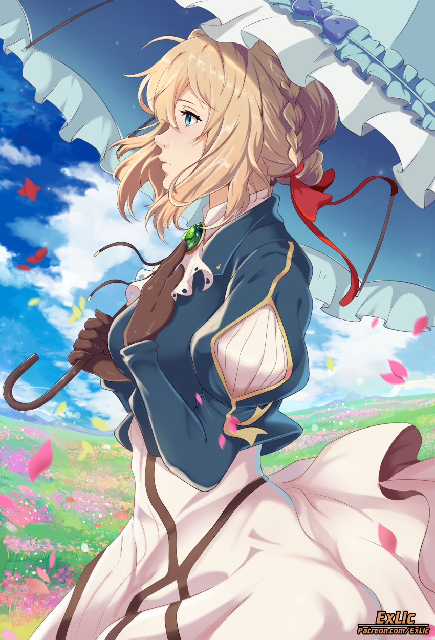 1girl artist_name blonde_hair blue_eyes blue_jacket blue_sky blue_umbrella braid breasts brooch brown_gloves commentary cowboy_shot crown_braid dress english_commentary exlic falling_petals field flower flower_field from_side gloves green_brooch hair_ribbon hand_on_own_chest highres holding holding_umbrella jacket jewelry juliet_sleeves long_sleeves looking_afar medium_breasts parasol patreon_username petals pink_petals puffy_sleeves red_petals red_ribbon ribbon sky solo umbrella violet_evergarden violet_evergarden_(series) white_dress yellow_petals