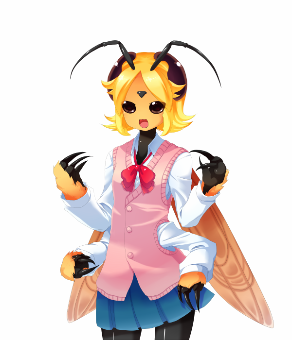 antennae arthropod_girl bee_girl blonde_hair body_fur bow bowtie claws extra_arms extra_eyes insect_girl insect_wings monster_girl original pantyhose shirt skirt standing sweater_vest tanpopo_hayabusa-maru white_background wings