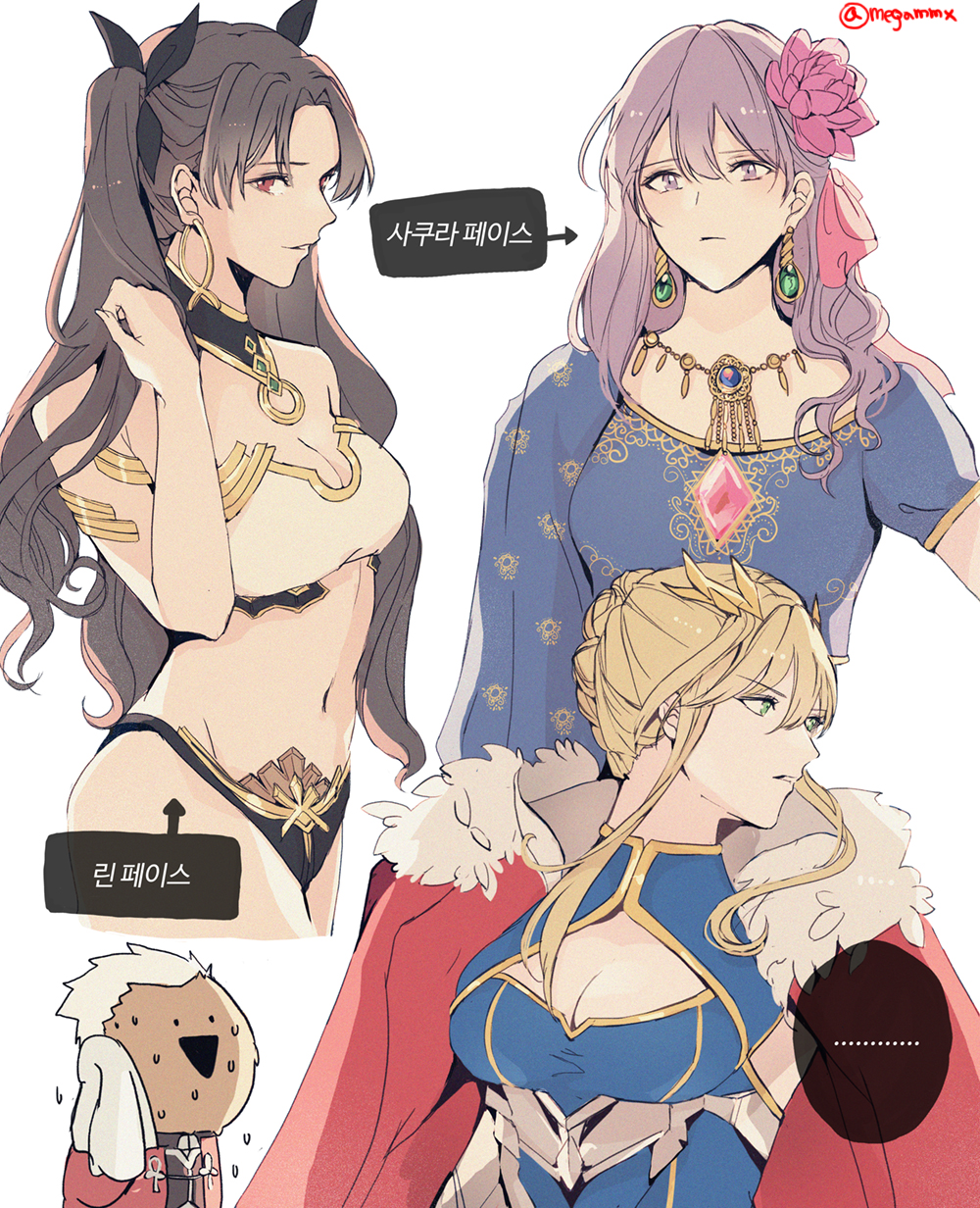 ... 1boy 3girls archer_(fate) artoria_pendragon_(fate) artoria_pendragon_(lancer)_(fate) bikini black_bikini black_hair black_ribbon blonde_hair blue_gemstone blue_leotard blue_shirt braid breasts cape cleavage cleavage_cutout closed_mouth clothing_cutout commentary cropped_legs cropped_torso dark-skinned_male dark_skin earrings fate/grand_order fate/stay_night fate_(series) flower french_braid fur-trimmed_cape fur_trim gem gold_earrings gold_trim green_eyes green_gemstone hair_between_eyes hair_flower hair_ornament hair_ribbon hand_up highres holding holding_towel hoop_earrings ishtar_(fate) jacket jewelry korean_text leotard long_hair looking_at_another looking_at_viewer looking_to_the_side matou_sakura medium_breasts mismatched_bikini multiple_girls navel neck_ring necklace open_mouth parted_bangs parted_lips parvati_(fate) pink_flower pink_gemstone pink_ribbon plackart purple_eyes purple_hair red_cape red_eyes red_jacket ribbon shino_(mufn5785) shirt short_hair short_hair_with_long_locks short_sleeves sidelocks simple_background smile spoken_ellipsis sweatdrop swimsuit teeth towel twitter_username two_side_up underboob upper_body white_background white_bikini white_hair