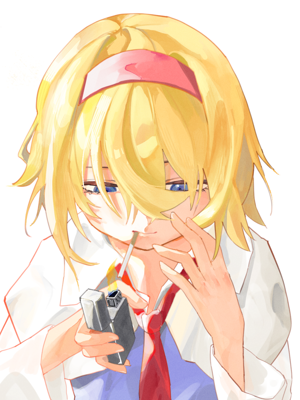 1girl alice_margatroid blonde_hair blue_dress blue_eyes capelet cigarette closed_mouth cookie_(touhou) dress fire hair_between_eyes hairband hands_up highres holding holding_lighter jigen_(cookie) lighter long_sleeves loose_necktie necktie red_hairband red_necktie short_hair simple_background smile smoking solo touhou white_background white_capelet whiterolo zippo_lighter