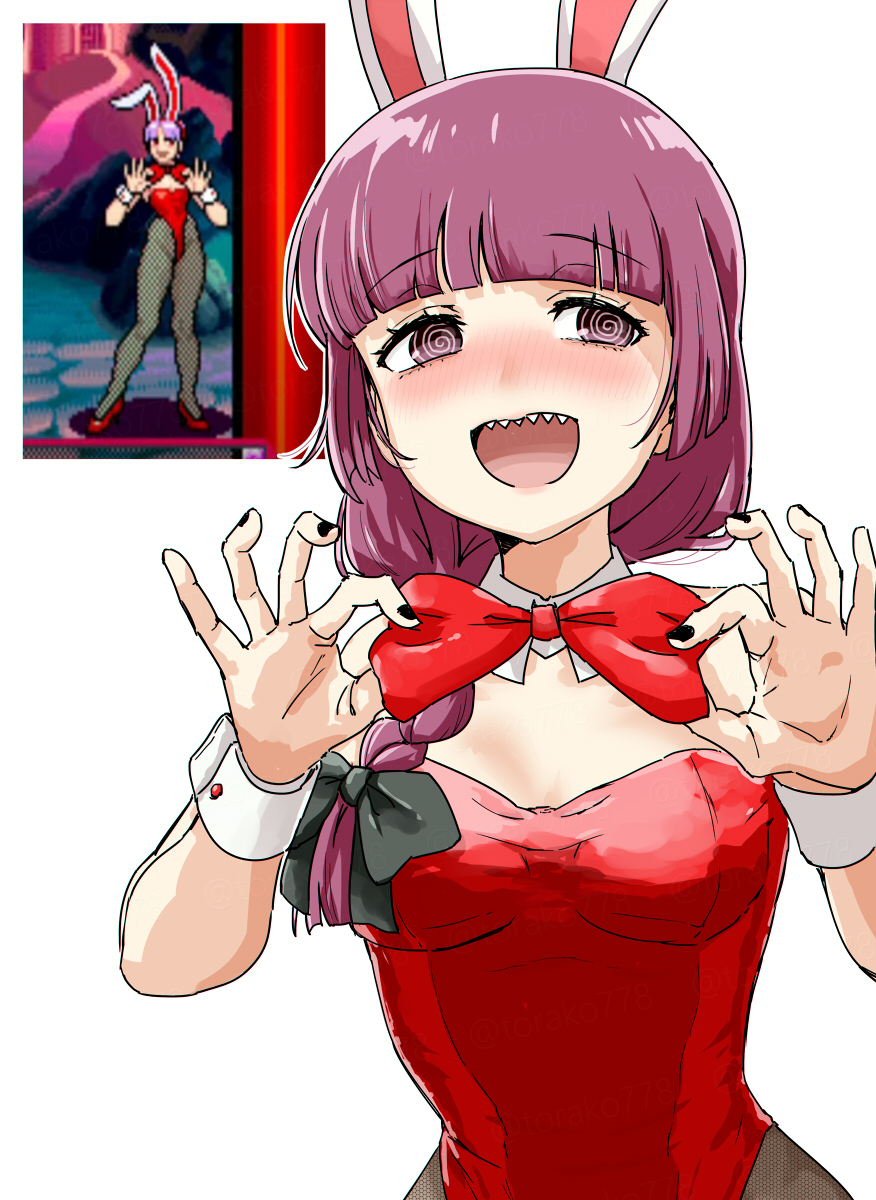 1girl @_@ adjusting_bowtie animal_ears black_nails blunt_bangs blush bocchi_the_rock! bow bowtie braid commentary cosplay darkstalkers detached_collar eyelashes fake_animal_ears fishnet_pantyhose fishnets highres hiroi_kikuri leotard lilith_(darkstalkers) lilith_(darkstalkers)_(cosplay) nail_polish open_mouth pantyhose playboy_bunny purple_eyes purple_hair rabbit_ears red_bow red_bowtie red_leotard reference_inset sharp_teeth symbol-only_commentary teeth torako_(toramaru) upper_body upper_teeth_only white_background wrist_cuffs