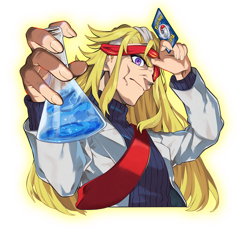 1boy alpha_transparency arm_up artist_request between_fingers black_sweater blindfold blindfold_lift blonde_hair bubble card closed_mouth coat copyright_name cropped_torso dragon_eye_doctor_(pokemon) erlenmeyer_flask flask foreshortening grey_hair hair_flaps hand_up holding holding_card holding_flask lab_coat layered_sleeves liquid long_hair long_sleeves looking_at_viewer male_focus multicolored_hair nintendo official_art one_eye_covered open_clothes open_coat outline poke_ball poke_ball_(basic) pokemon pokemon_card pokemon_tcg purple_eyes ribbed_sweater sash scientist simple_background slit_pupils solo standing streaked_hair sweater transparent_background turtleneck turtleneck_sweater two-tone_hair upper_body white_coat yellow_outline
