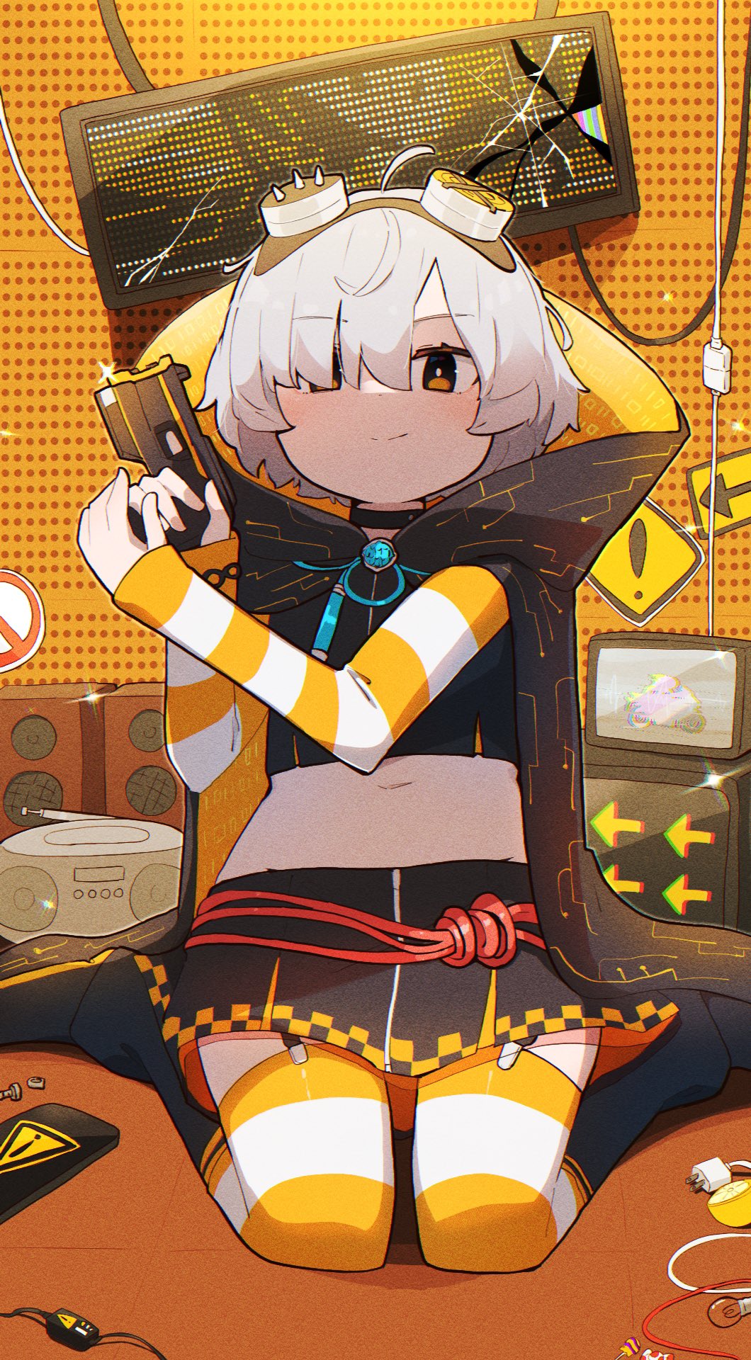 1girl ahoge arrow_(symbol) asymmetrical_eyewear binary black_cloak black_shirt black_skirt blush bolt_(hardware) boombox candy checkered_trim circuit_board_print cloak closed_mouth commentary_request cracked_screen detached_sleeves electric_plug food fruit goggles goggles_on_head grey_hair hair_over_one_eye highres holding holding_weapon hood hood_down indoors kashi_neko kneeling lemon light_bulb lollipop long_sleeves looking_at_viewer magia_record:_mahou_shoujo_madoka_magica_gaiden magical_girl mahou_shoujo_madoka_magica midriff miwa_mitsune monitor navel no_symbol nut_(hardware) orange_cloak orange_eyes orange_sleeves print_cloak shirt short_hair sign sitting skirt smile solo sparkle stereo sticker striped_clothes striped_sleeves striped_thighhighs swept_bangs taser thighhighs two-sided_cloak two-sided_fabric two-tone_cloak wariza warning_sign weapon white_thighhighs wire zettai_ryouiki