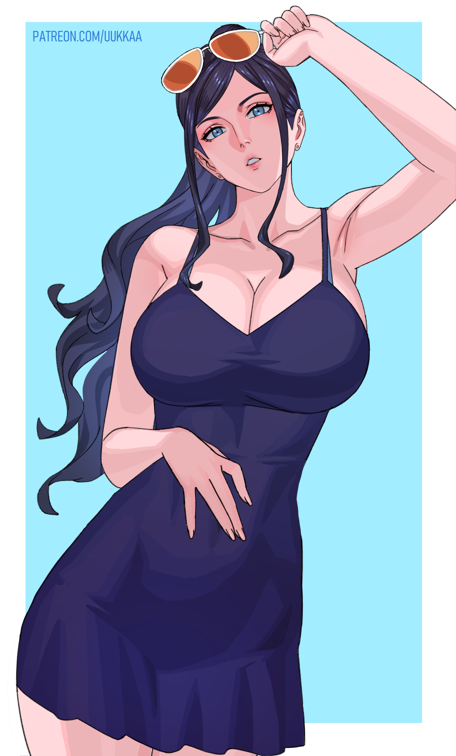 1girl armpits bare_arms bare_shoulders black_hair blue_background blue_dress blue_eyes border bra_strap breasts cleavage collarbone cowboy_shot dress earrings eyewear_on_head highres holding holding_removed_eyewear jewelry large_breasts lips long_hair looking_at_viewer nico_robin nico_robin_(dressrosa) official_alternate_costume official_alternate_hairstyle one_piece orange-tinted_eyewear outside_border paid_reward_available parted_lips patreon_username pink_lips short_dress sidelocks simple_background solo spaghetti_strap stud_earrings sunglasses swept_bangs tinted_eyewear unworn_eyewear uukkaa white_border