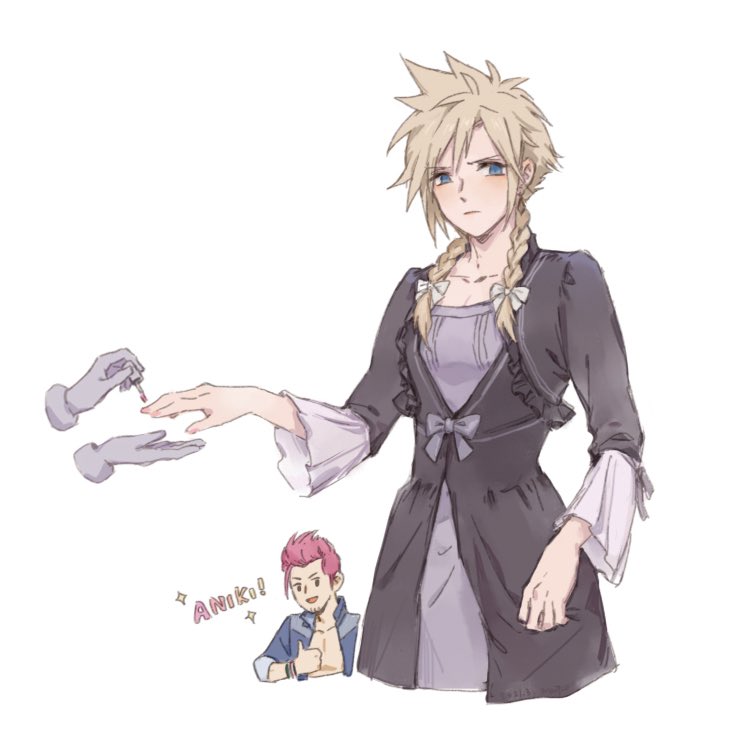 2boys applying_manicure blonde_hair blue_eyes blue_jacket blush bow bracelet braid clothes_grab cloud_strife cloud_strife_(black_dress) commentary cropped_legs cropped_torso crossdressing disembodied_hand dress earrings embarrassed final_fantasy final_fantasy_vii final_fantasy_vii_remake floating_earrings frilled_sleeves frills furrowed_brow grey_bow grey_dress hair_bow hand_up jacket jewelry johnny_(ff7) light_frown long_sleeves looking_at_another looking_to_the_side male_focus maoli45222137 mohawk multiple_boys nail_polish open_clothes open_jacket open_mouth painting_nails pink_nails red_hair short_hair_with_long_locks simple_background smile spiked_hair symbol-only_commentary thumbs_up translated twin_braids upper_body white_background white_bow