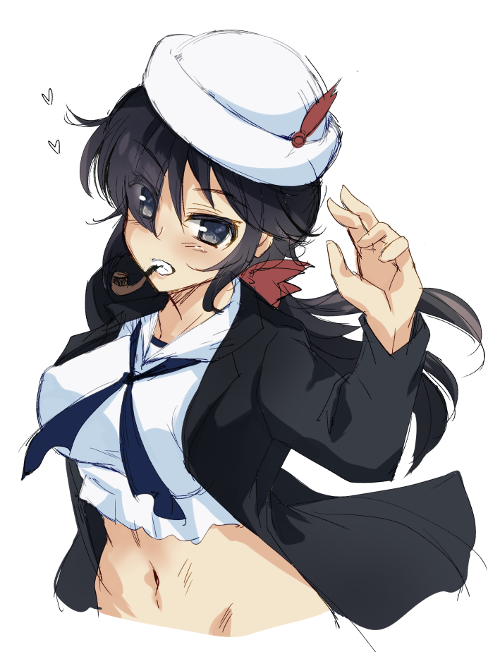 1girl abenattou black_eyes black_hair black_jacket blue_scarf bow breasts covered_erect_nipples crop_top girls_und_panzer hair_ribbon hand_up hat jacket long_hair midriff midriff_peek navel ooarai_naval_school_uniform ponytail red_bow red_ribbon ribbon scarf school_uniform serafuku smoking_pipe upper_body white_hat white_serafuku