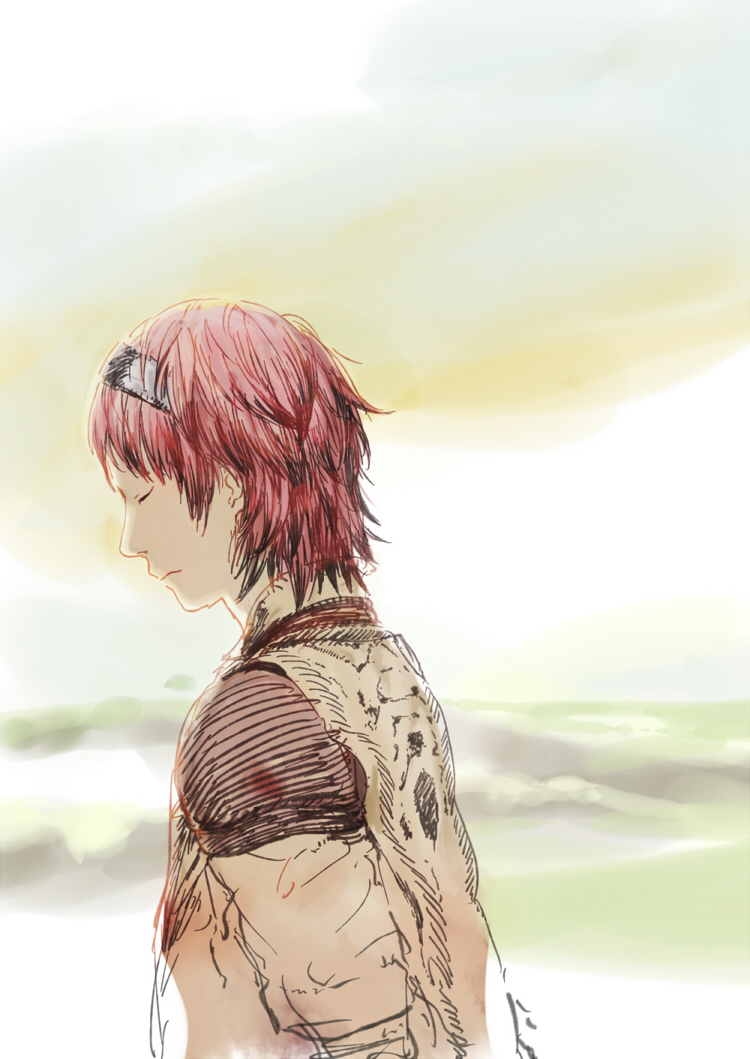 1boy closed_eyes closed_mouth commentary_request copyright_request from_side grey_sky headband jacket long_sleeves male_focus mitosa outdoors profile red_hair short_hair sketch sky solo upper_body