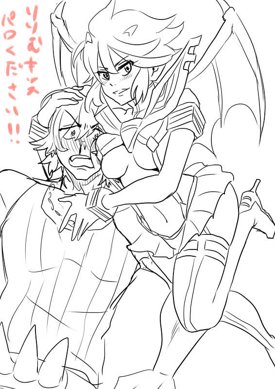10s 1boy 1girl bad_id bad_pixiv_id bat_wings blood blush breasts cheek-to-breast demon_girl kill_la_kill matoi_ryuuko navel nosebleed revealing_clothes sanageyama_uzu senketsu short_hair sketch demon_girl thighhighs underboob wings yakata_(artist)