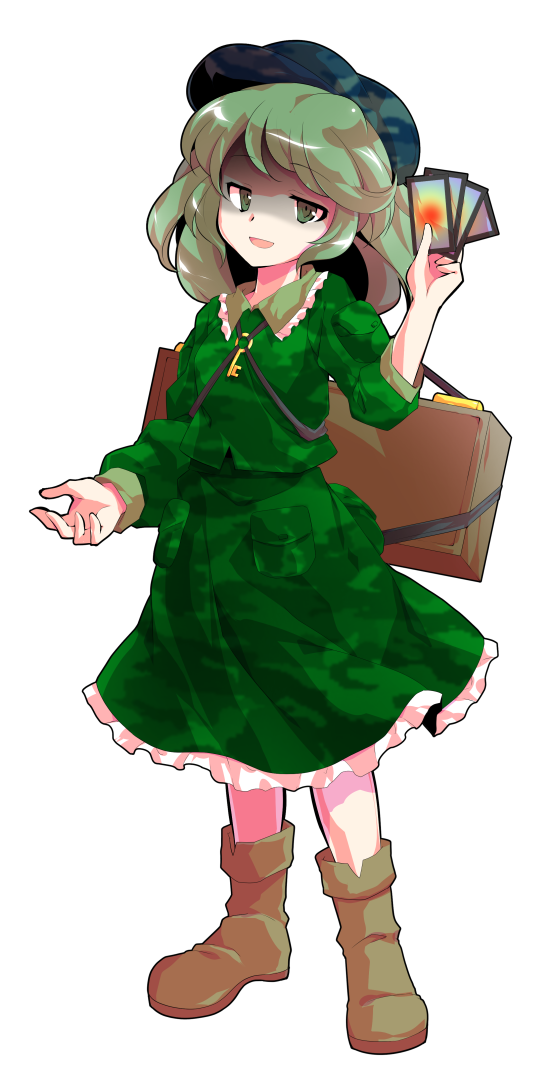 1girl ability_card_(touhou) alphes_(style) boots brown_boots card commentary_request dairi dress full_body green_dress green_eyes green_hair green_hat hand_up hat jewelry key key_necklace large_variant_set looking_at_viewer necklace open_mouth parody shaded_face short_hair smile solo standing style_parody tachi-e touhou transparent_background unconnected_marketeers variant_set yamashiro_takane