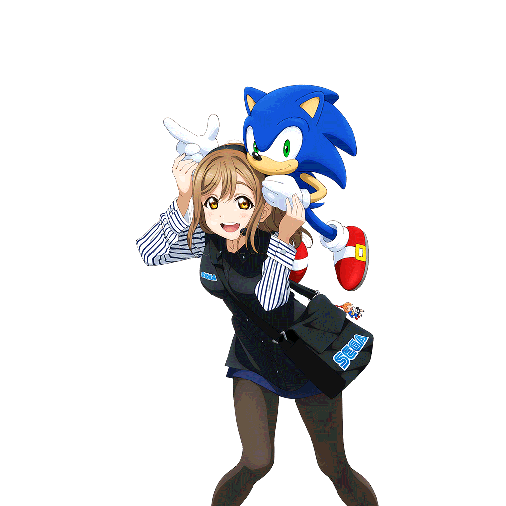 1girl bag bag_charm black_bag black_pantyhose black_shirt black_skirt blush breasts brown_hair carrying character_charm charm_(object) crossover feet_out_of_frame finger_gun hands_up headset kunikida_hanamaru layered_skirt leaning_forward long_sleeves looking_at_viewer love_live! love_live!_school_idol_festival love_live!_sunshine!! medium_breasts medium_hair messenger_bag miniskirt official_art open_mouth pantyhose pigeon-toed sega sega_staff_image_girl shirt shoulder_bag skirt smile solo sonic_(series) sonic_the_hedgehog striped_clothes striped_shirt teeth transparent_background upper_teeth_only yellow_eyes