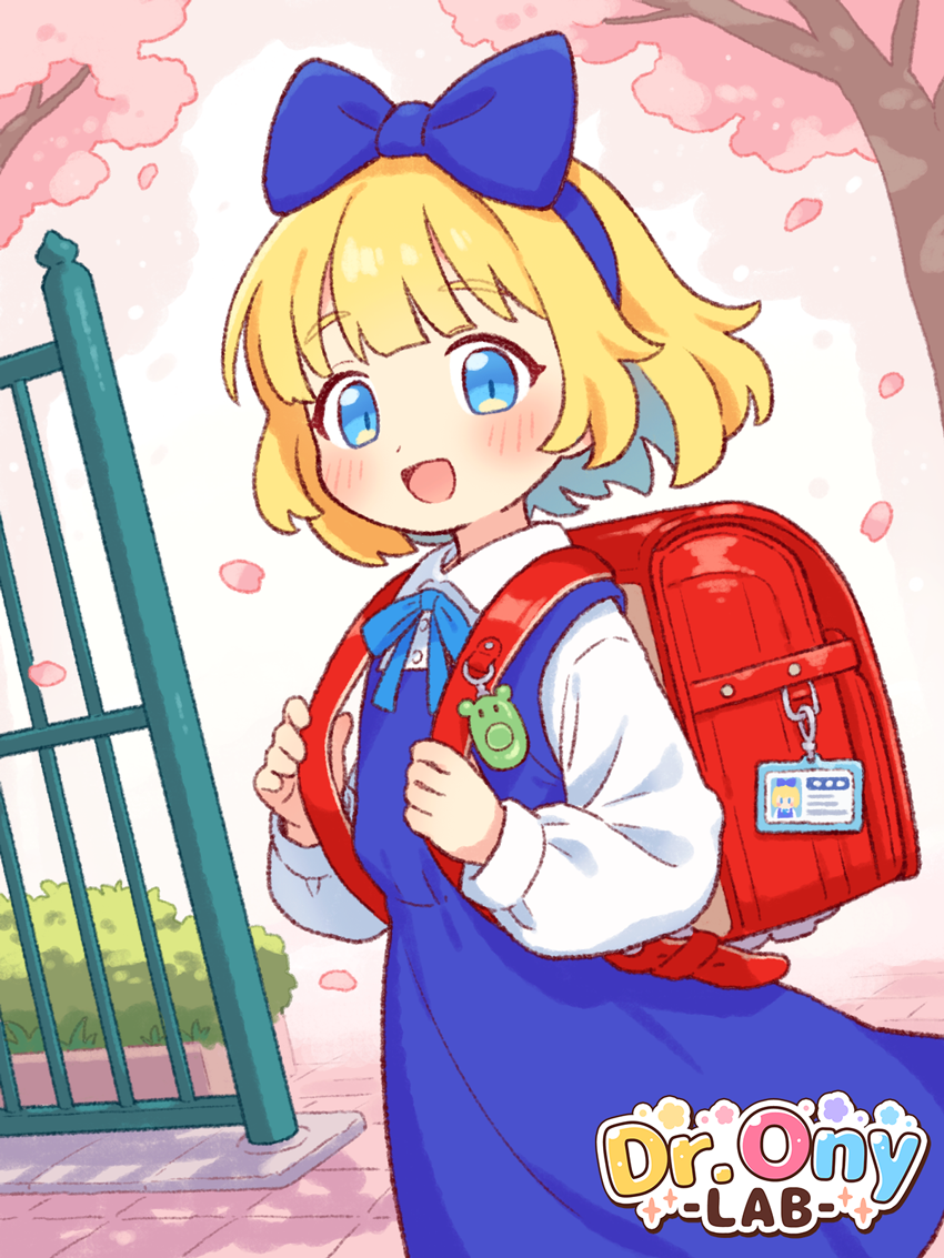 1girl :d backpack bag blonde_hair blue_bow blue_dress blue_eyes blue_hair blue_hairband blue_ribbon bow bow_hairband cherry_blossoms child collared_shirt colored_inner_hair commentary_request crime_prevention_buzzer dress dress_shirt falling_petals hair_bow hairband holding_strap long_sleeves looking_at_viewer medium_hair multicolored_hair neck_ribbon onyhakase open_mouth original petals pinafore_dress randoseru red_bag ribbon shirt sleeveless sleeveless_dress smile solo two-tone_hair white_shirt
