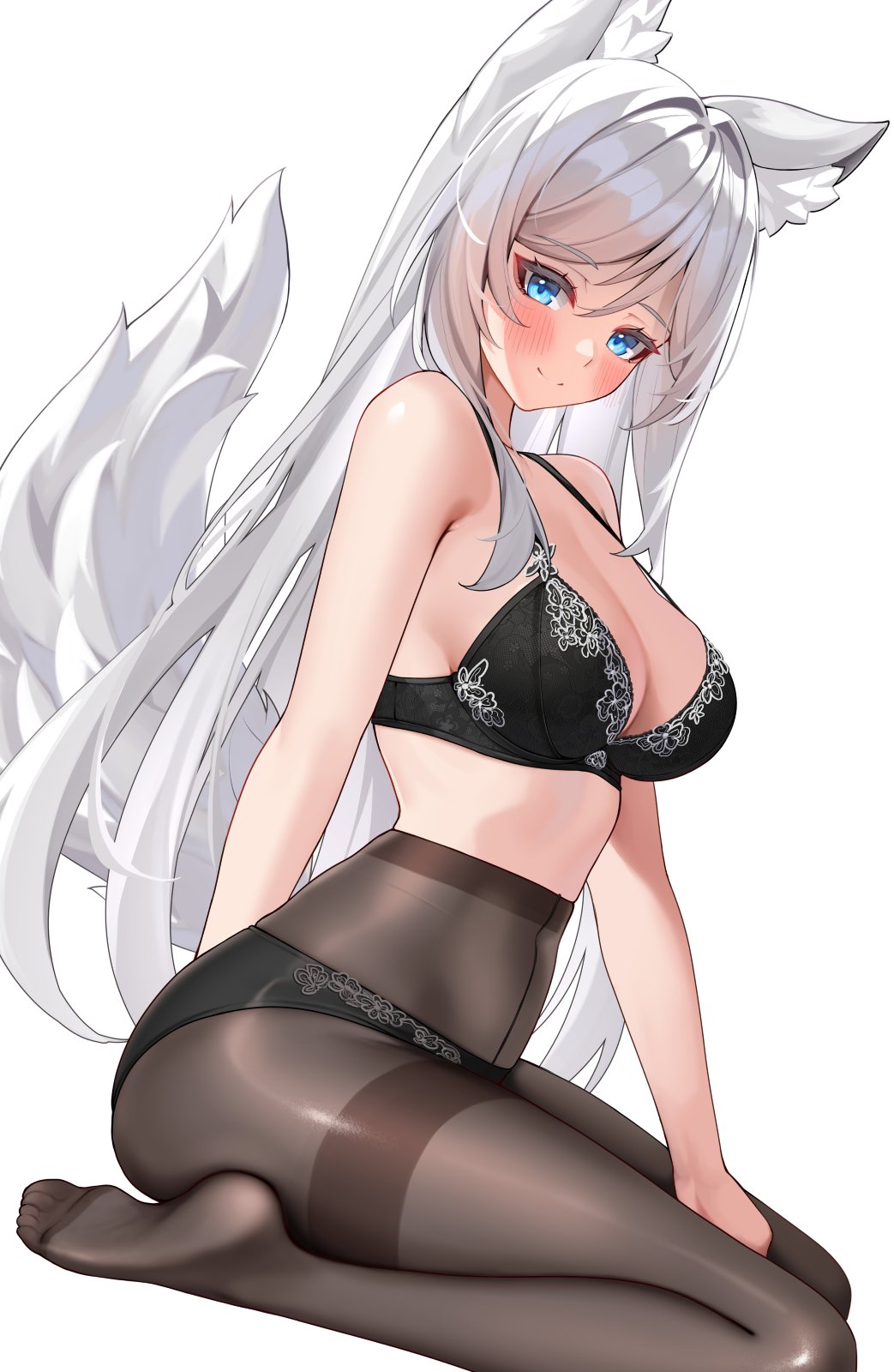 1girl animal_ear_fluff animal_ears black_bra black_panties black_pantyhose blue_eyes blush bra breasts cleavage closed_mouth commentary commission covered_navel from_side grey_hair highres large_breasts long_hair looking_at_viewer matrix16 no_shoes original paid_reward_available panties panties_over_pantyhose pantyhose seiza simple_background sitting smile solo tail underwear very_long_hair white_background wolf_ears wolf_girl wolf_tail